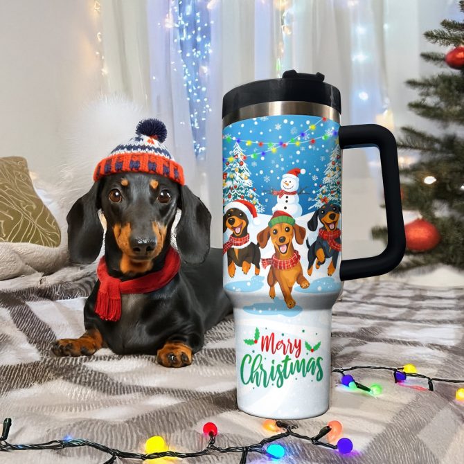 Cheerful Christmas Dachshund Custom Stanley Quencher 40oz Stainless Steel Tumbler With Handle - Image 2