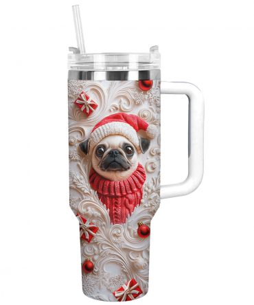 Cheerful Christmas Pug Custom Stanley Quencher 40oz Stainless Steel Tumbler With Handle