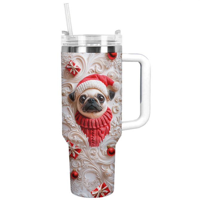 Cheerful Christmas Pug Custom Stanley Quencher 40oz Stainless Steel Tumbler With Handle
