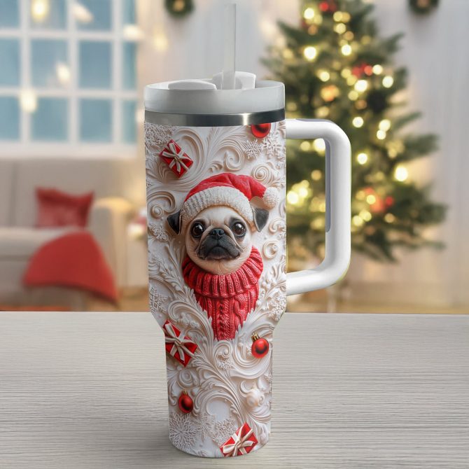 Cheerful Christmas Pug Custom Stanley Quencher 40oz Stainless Steel Tumbler With Handle - Image 2