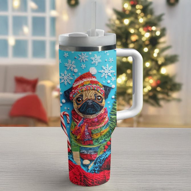 Cheerful Christmas Puggy Custom Stanley Quencher 40oz Stainless Steel Tumbler With Handle - Image 2
