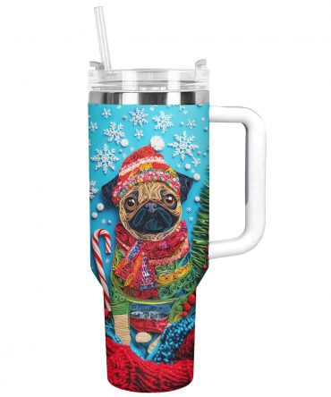 Cheerful Christmas Puggy Custom Stanley Quencher 40oz Stainless Steel Tumbler With Handle