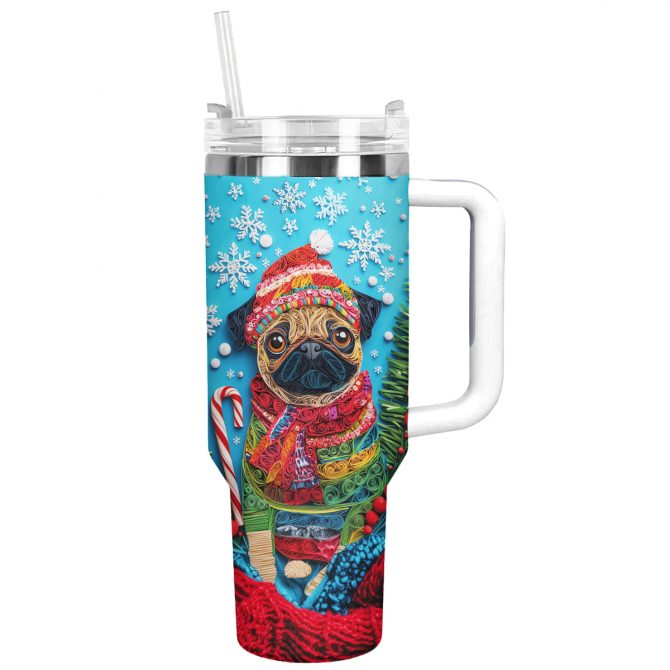 Cheerful Christmas Puggy Custom Stanley Quencher 40oz Stainless Steel Tumbler With Handle