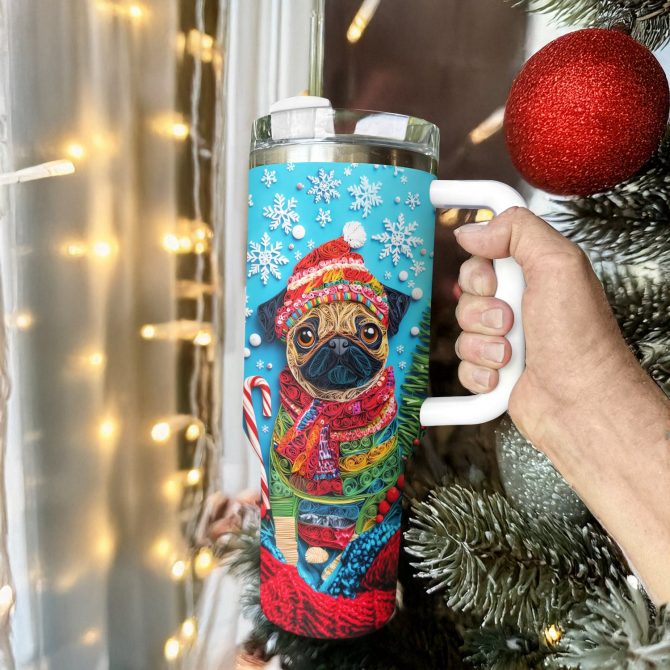 Cheerful Christmas Puggy Custom Stanley Quencher 40oz Stainless Steel Tumbler With Handle - Image 3