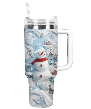 Cheerful Christmas Snowman Custom Stanley Quencher 40oz Stainless Steel Tumbler With Handle
