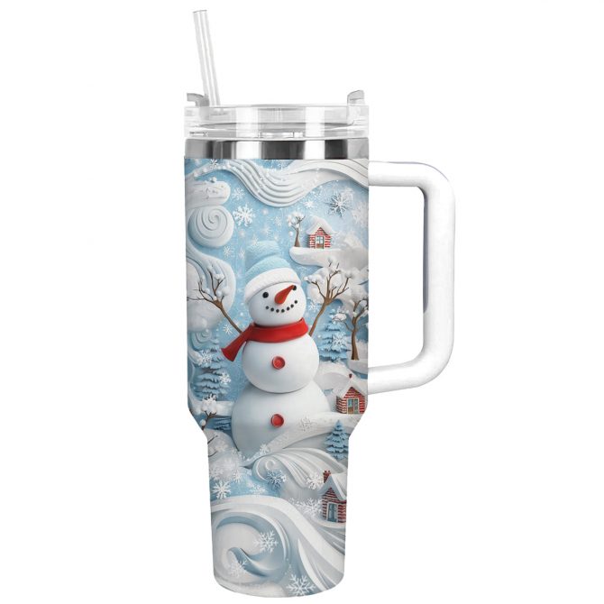 Cheerful Christmas Snowman Custom Stanley Quencher 40oz Stainless Steel Tumbler With Handle