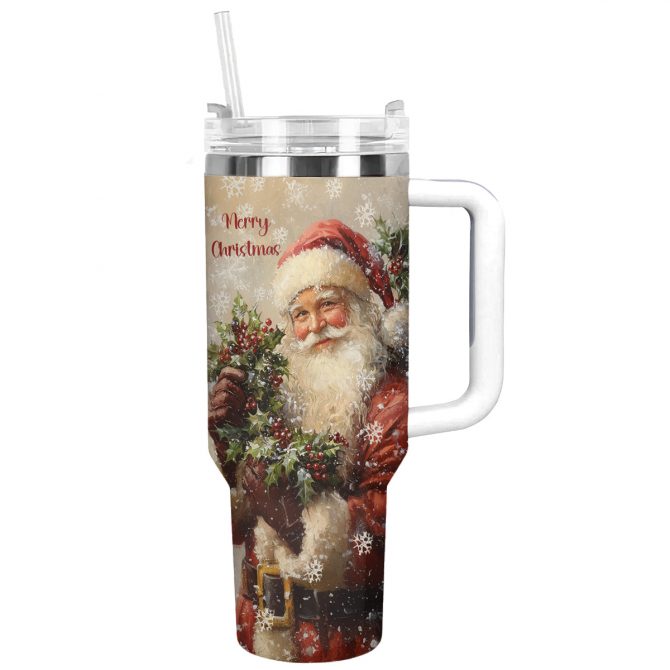 Cheerful Santa Claus Christmas Custom Stanley Quencher 40oz Stainless Steel Tumbler With Handle