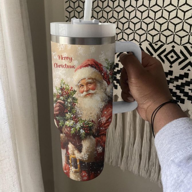 Cheerful Santa Claus Christmas Custom Stanley Quencher 40oz Stainless Steel Tumbler With Handle - Image 3