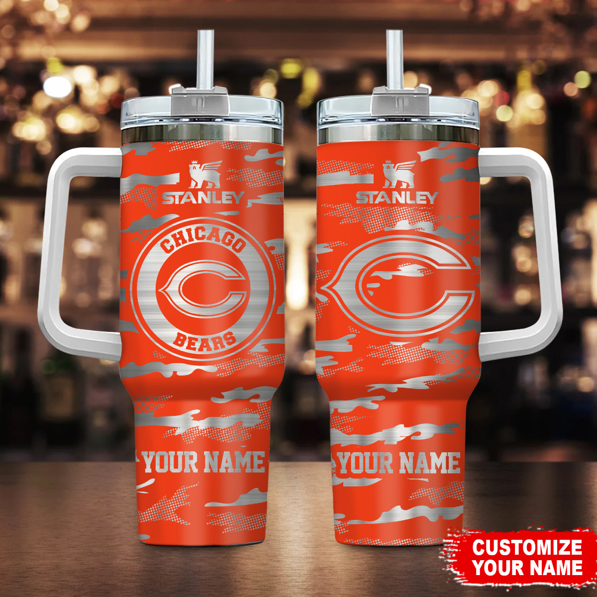Personalized Chicago Bears Tumbler with Handle & Straw - Custom Name Gift