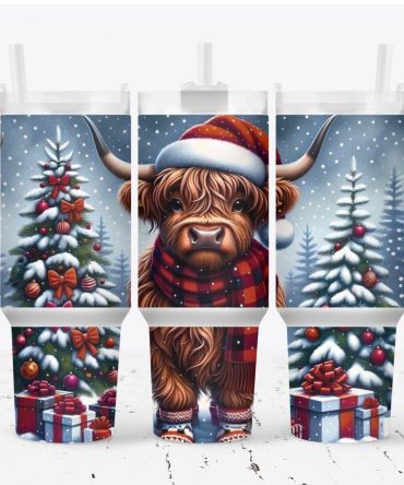 Festive Highland Cow Tumbler - Christmas Tree & Gifts Holiday Mug