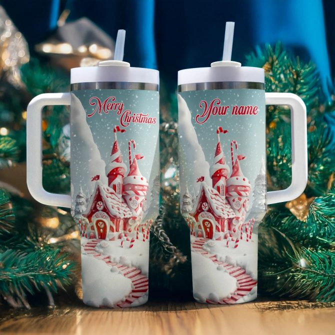 Christmas Candy Cane Castle Custom Stanley Quencher 40oz Stainless Steel Tumbler With Handle - Image 2