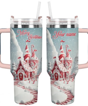 Christmas Candy Cane Castle Custom Stanley Quencher 40oz Stainless Steel Tumbler With Handle