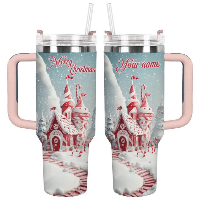 Christmas Candy Cane Castle Custom Stanley Quencher 40oz Stainless Steel Tumbler With Handle
