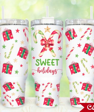 Festive Holiday Tumbler with Handle - Christmas Gift Wrap & Candy Cane Design