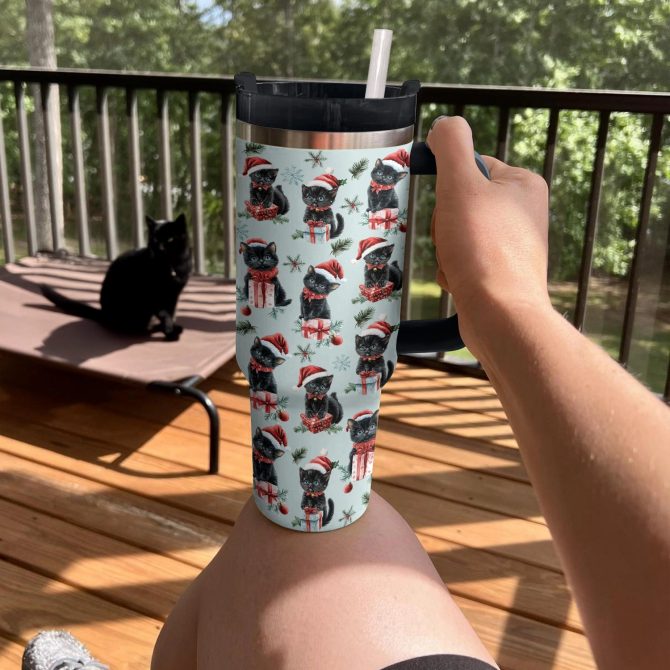 Christmas Cat Cheer Custom Stanley Quencher 40oz Stainless Steel Tumbler With Handle - Image 3
