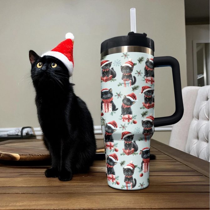 Christmas Cat Cheer Custom Stanley Quencher 40oz Stainless Steel Tumbler With Handle - Image 2