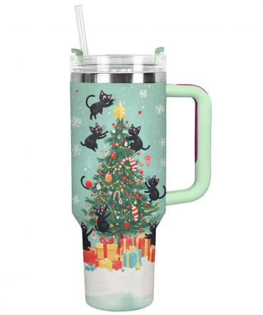 Christmas Cat Mischief Custom Stanley Quencher 40oz Stainless Steel Tumbler With Handle