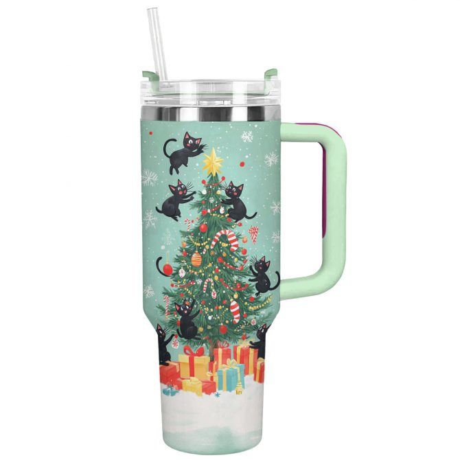 Christmas Cat Mischief Custom Stanley Quencher 40oz Stainless Steel Tumbler With Handle