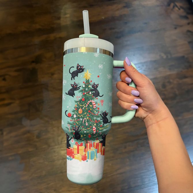 Christmas Cat Mischief Custom Stanley Quencher 40oz Stainless Steel Tumbler With Handle - Image 3