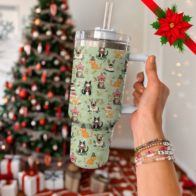 Christmas Cats Custom Stanley Quencher 40oz Stainless Steel Tumbler With Handle - Image 3