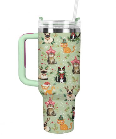 Christmas Cats Custom Stanley Quencher 40oz Stainless Steel Tumbler With Handle