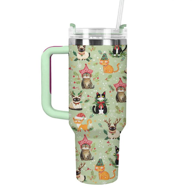Christmas Cats Custom Stanley Quencher 40oz Stainless Steel Tumbler With Handle