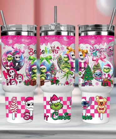 Festive Holiday Tumbler with Straw - Christmas Characters & Pink Snowflakes
