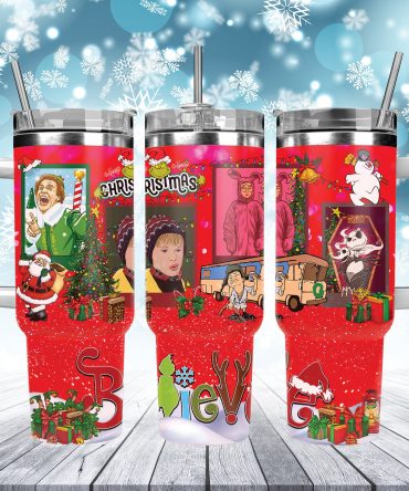 Festive Holiday Movie Collage Travel Mug - 40oz Stainless Steel Tumbler with Lid & Straw