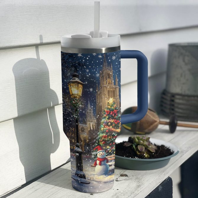 Christmas Church Scene Custom Stanley Quencher 40oz Stainless Steel Tumbler With Handle - Image 3