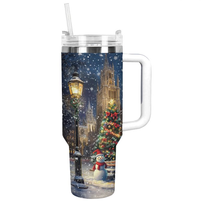 Christmas Church Scene Custom Stanley Quencher 40oz Stainless Steel Tumbler With Handle