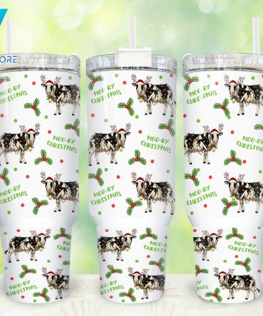 Festive Moo-ry Christmas Cow Tumbler with Handle - Holiday Travel Mug