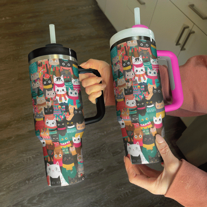 Christmas Cozy Cats Custom Stanley Quencher 40oz Stainless Steel Tumbler With Handle - Image 3