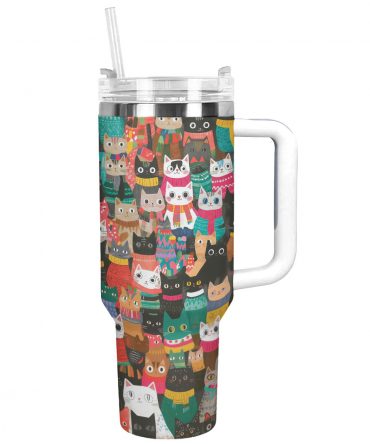 Christmas Cozy Cats Custom Stanley Quencher 40oz Stainless Steel Tumbler With Handle