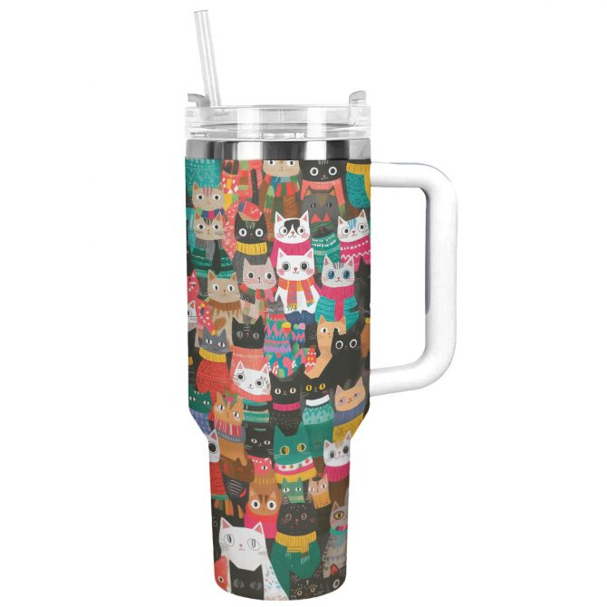Christmas Cozy Cats Custom Stanley Quencher 40oz Stainless Steel Tumbler With Handle
