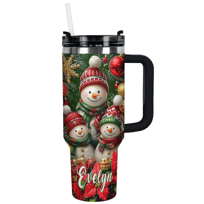 Christmas Cozy Snowman Custom Stanley Quencher 40oz Stainless Steel Tumbler With Handle