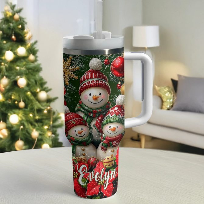 Christmas Cozy Snowman Custom Stanley Quencher 40oz Stainless Steel Tumbler With Handle - Image 3