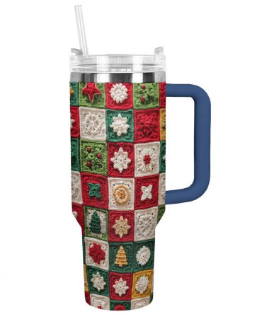 Christmas Crochet Granny Square Custom Stanley Quencher 40oz Stainless Steel Tumbler With Handle