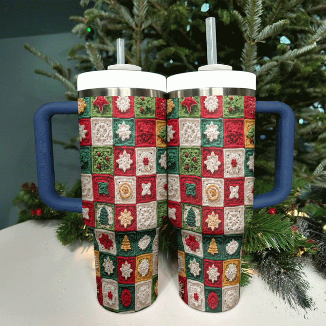 Christmas Crochet Granny Square Custom Stanley Quencher 40oz Stainless Steel Tumbler With Handle - Image 2
