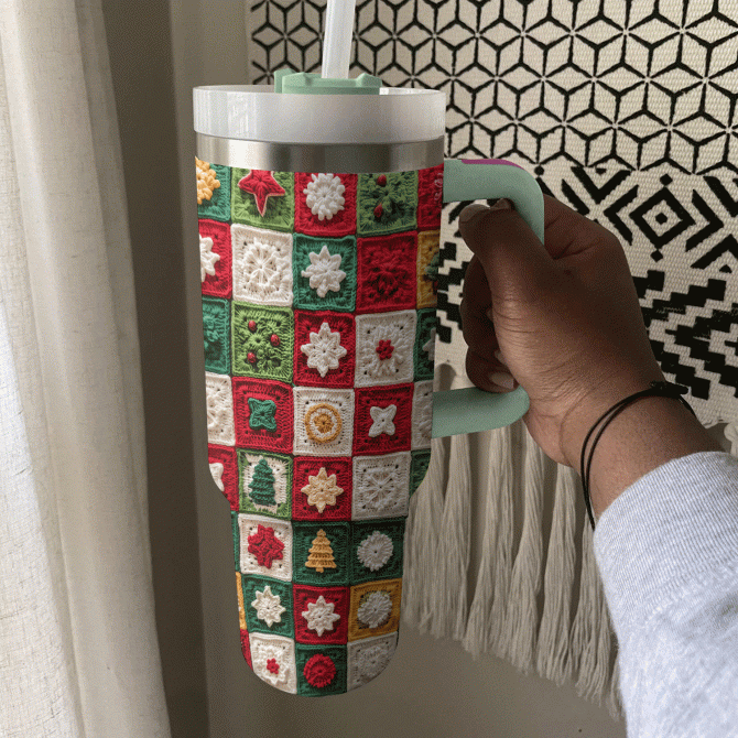 Christmas Crochet Granny Square Custom Stanley Quencher 40oz Stainless Steel Tumbler With Handle - Image 3