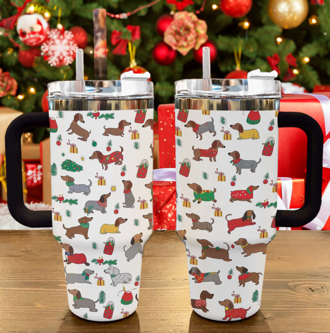 Christmas Dachshund Cheer Custom Stanley Quencher 40oz Stainless Steel Tumbler With Handle - Image 2