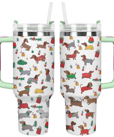 Christmas Dachshund Cheer Custom Stanley Quencher 40oz Stainless Steel Tumbler With Handle