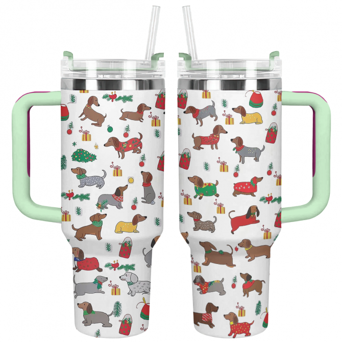 Christmas Dachshund Cheer Custom Stanley Quencher 40oz Stainless Steel Tumbler With Handle