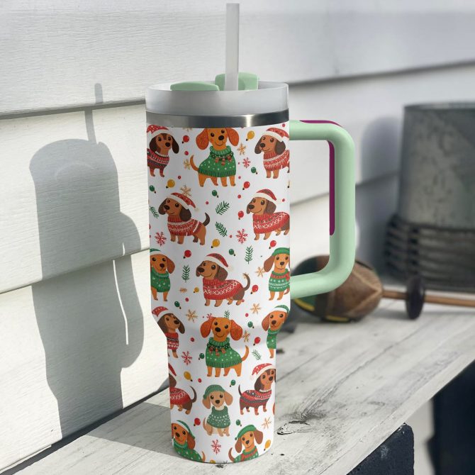 Christmas Dachshund Custom Stanley Quencher 40oz Stainless Steel Tumbler With Handle - Image 3