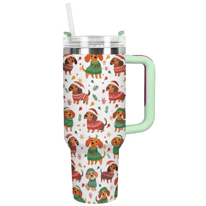 Christmas Dachshund Custom Stanley Quencher 40oz Stainless Steel Tumbler With Handle