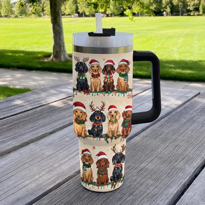 Christmas Dachshund Party Custom Stanley Quencher 40oz Stainless Steel Tumbler With Handle - Image 2