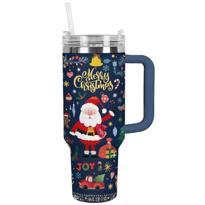 Christmas Festive Cheer Custom Stanley Quencher 40oz Stainless Steel Tumbler With Handle