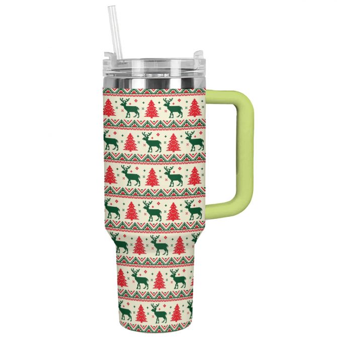 Christmas Festive Reindeer Custom Stanley Quencher 40oz Stainless Steel Tumbler With Handle