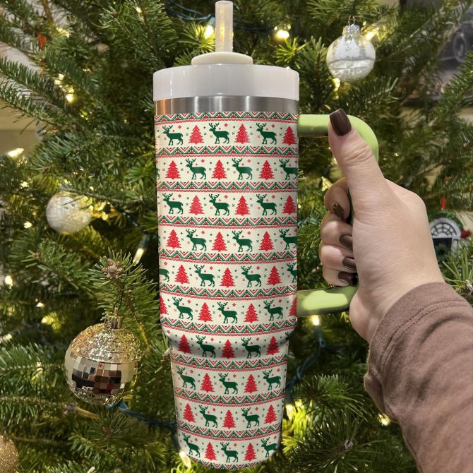 Christmas Festive Reindeer Custom Stanley Quencher 40oz Stainless Steel Tumbler With Handle - Image 2