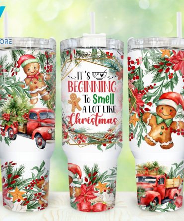 Festive Christmas Tumbler with Straw - Holiday Gingerbread & Red Truck Design