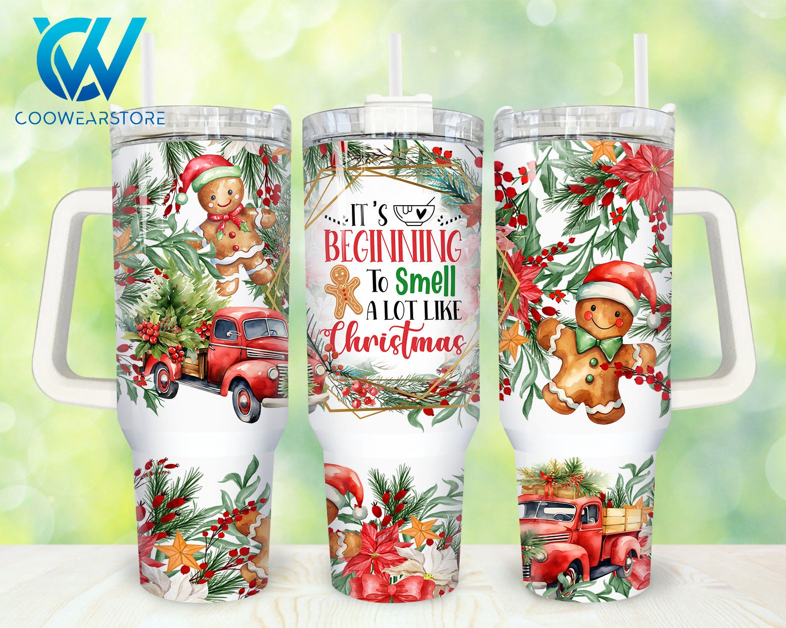 Festive Christmas Tumbler with Straw - Holiday Gingerbread & Red Truck Design